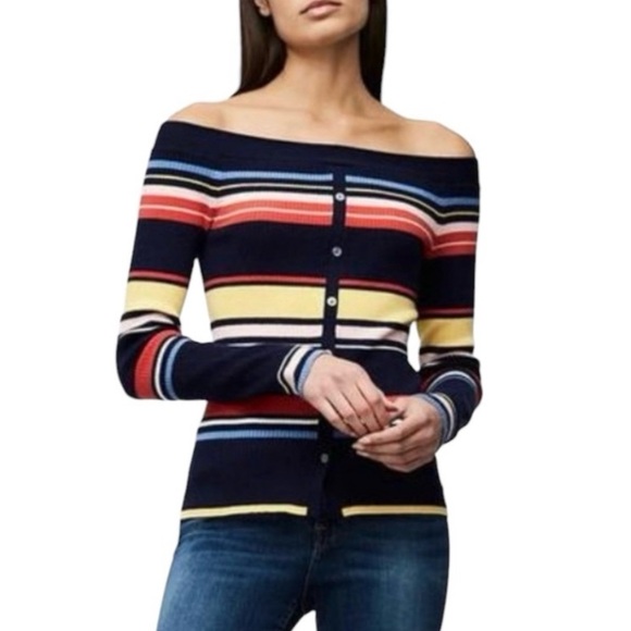 Frame Women’s Navy Multi Color Stripe Off The Shoulders Buttoned Sweater XS - Picture 3 of 12